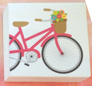 wood blocks, decorative blocks, summer, sunshine, flowers, bicycle, pink